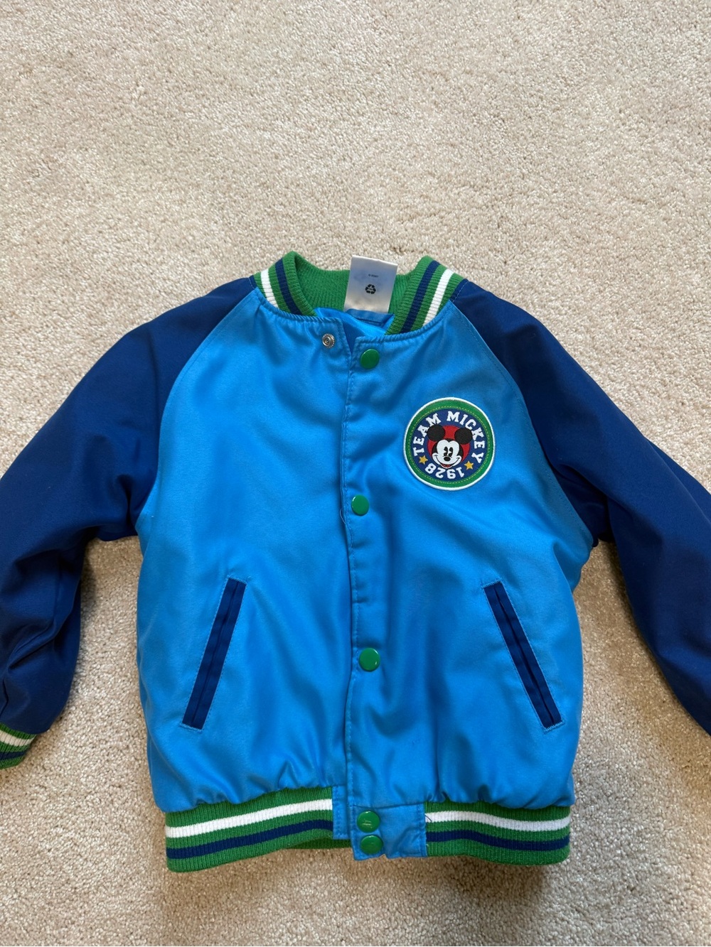 Disney Blue & Navy Mickey Varsity Puffer Jacket with Green Trim